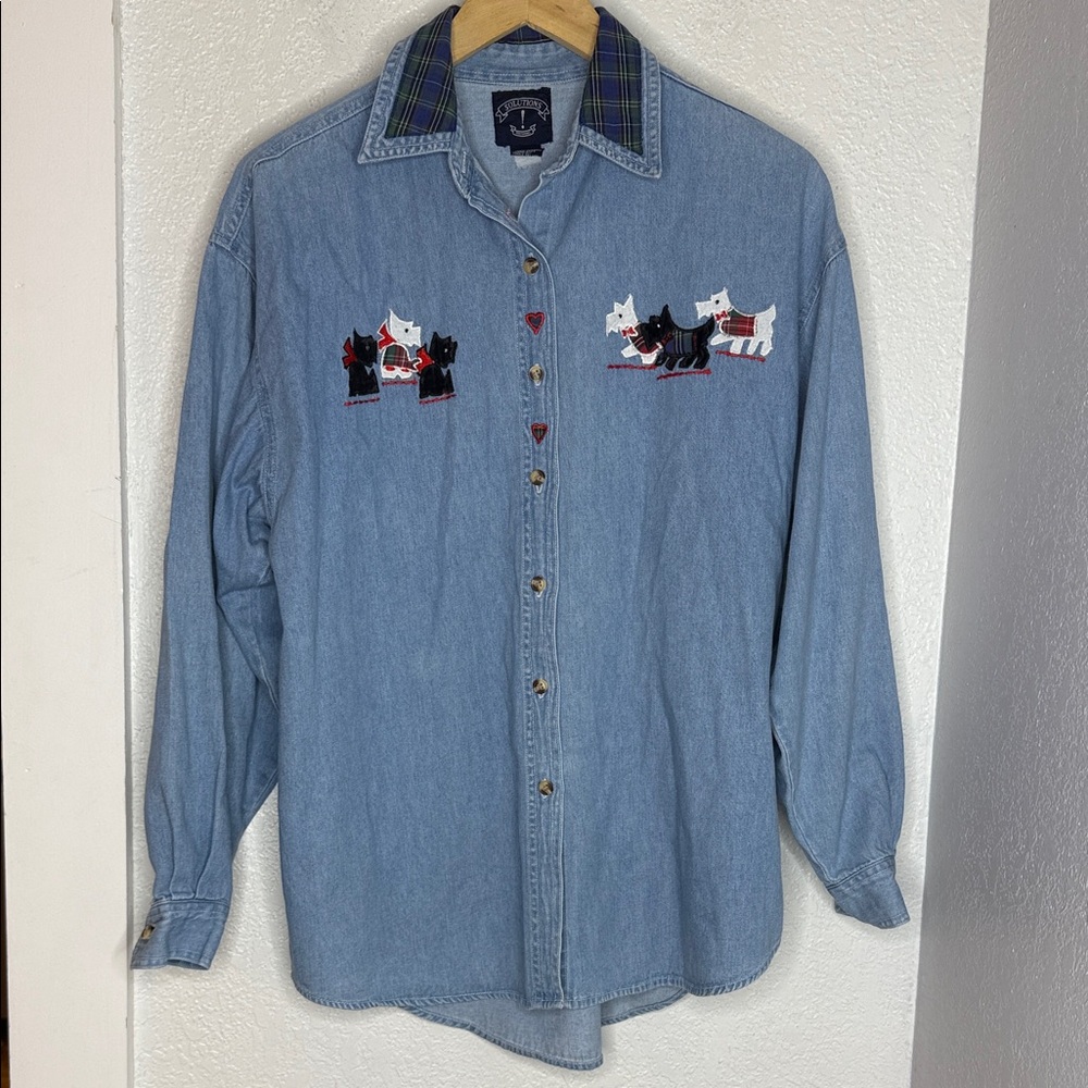 Vintage Solutions Original Embroidered Scottie Dog Denim Shirt M Plaid Collar